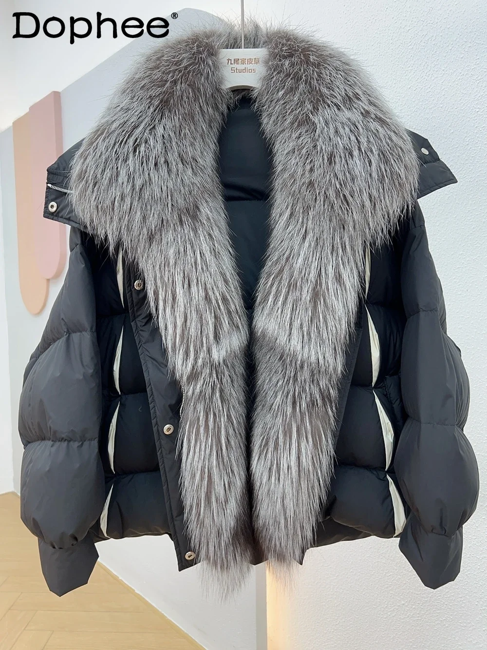 

Fashion Big Fur Collar Thick Short Fur Coat Female 2023 Winter New Placket Fox Fur Stitching White Goose Down Down Jacket Women