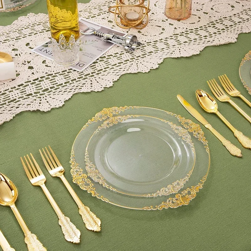 50 People Plastic Dinner Plates White Plastic Plates with Gold Rim Gold Lace for Weddings Celebration