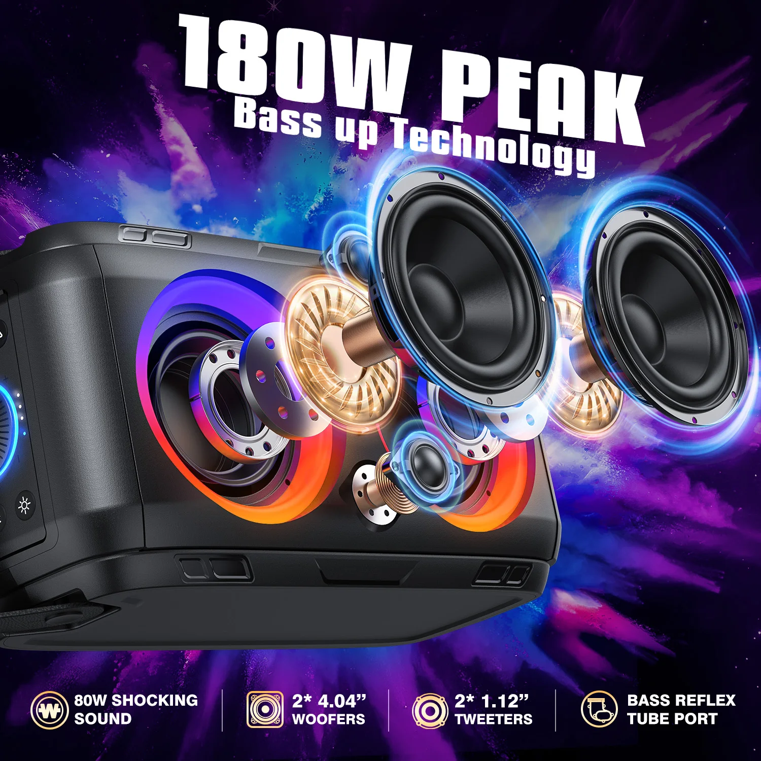 W-KING Portable Bluetooth Speakers 80W RMS Party Wireless Boombox/4 Drivers(2*4.04'' Woofer), Huge 105dB Sound 24H Playtime 3