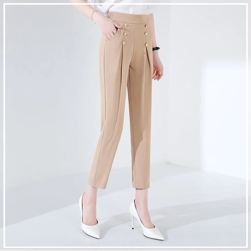2024 Summer Temperament Commuting Minimalist Fashion High Waisted Button Straight Leg Solid Color Ice Silk Suit Cropped Pants