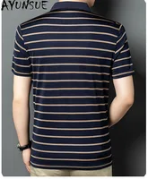 AYUNSUE Polos en Soie de Mûrier 100% Véritable Luxe Été 2026 T-shirt Rayé Tendance Décontracté à Manches Courtes Homme 4
