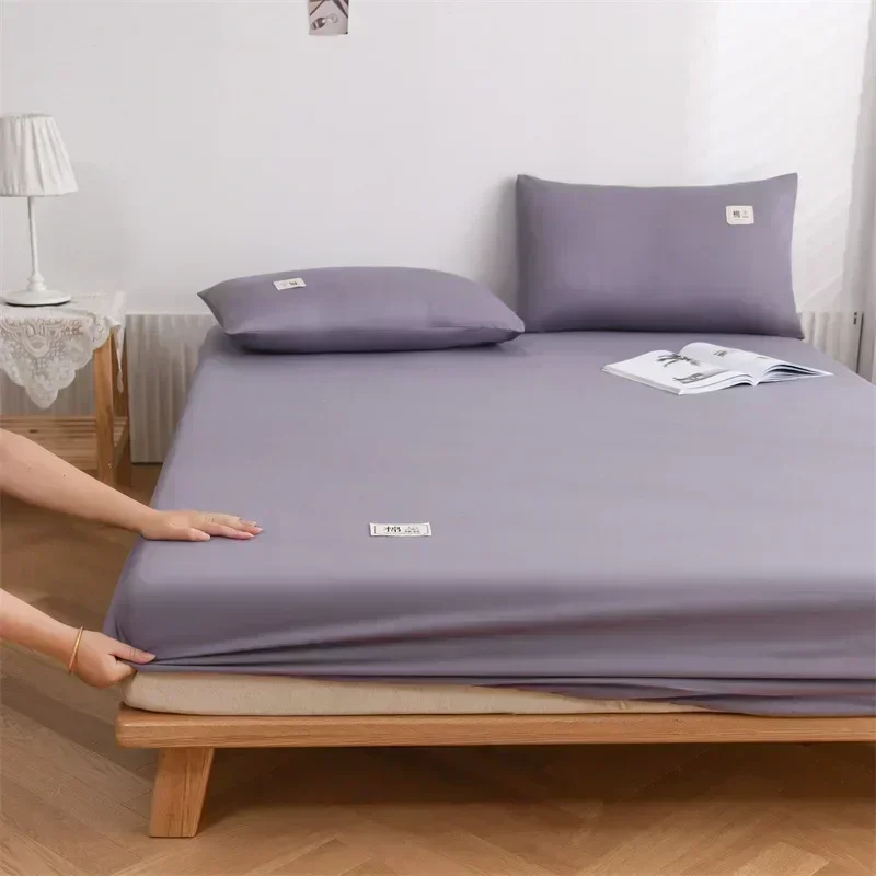 

One piece pure color cotton mattress mat protective cover single double bedspread three-piece set blue