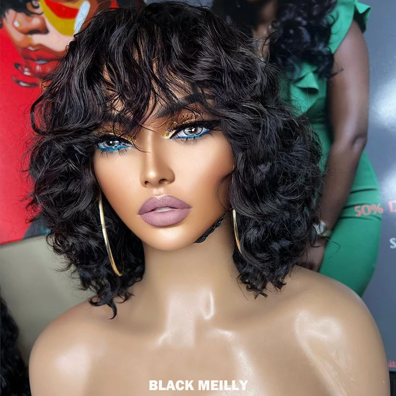 12inch 180 Density Silk Base Human Hair Wig with Bangs Short Curly Silk Base Closure Wigs For Women Glueless Loose Curly Wigs