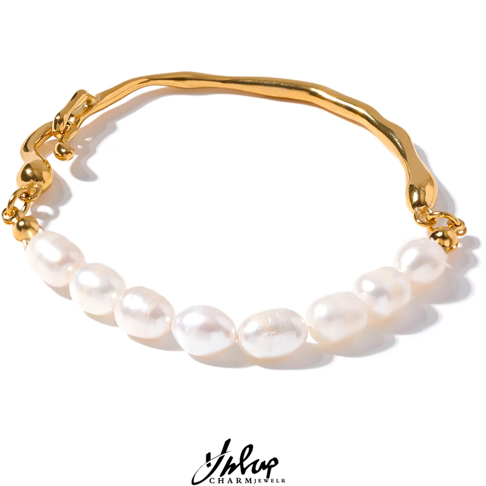 

Yhpup Luxury Natural Freshwater Pearls Stainless Steel 18k Gold Color Bracelet Bangle Temperament Fashion Jewelry Women New Gift