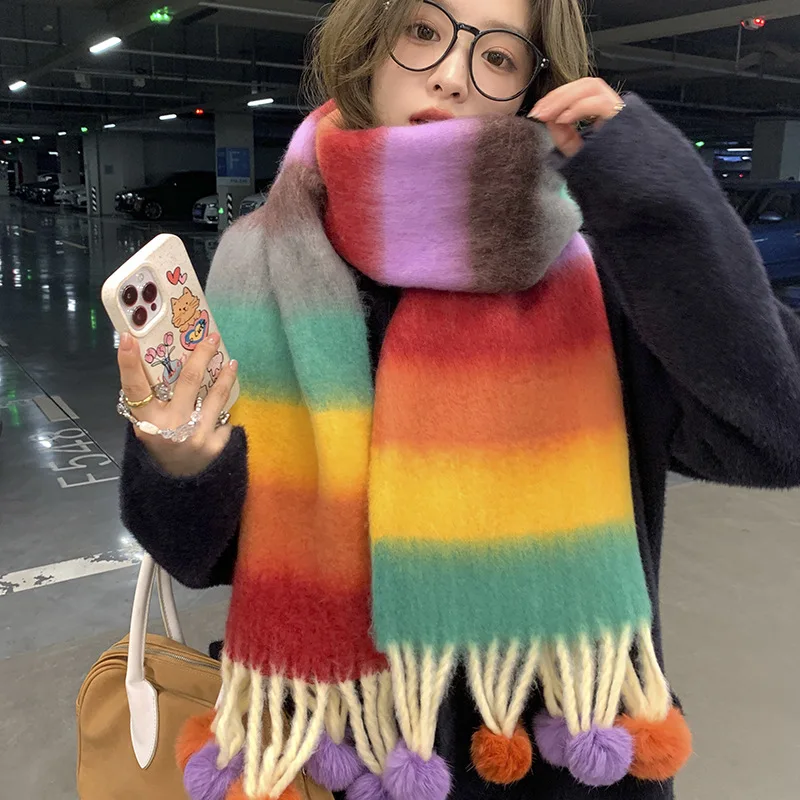 

Winter Colorful Stripes Fashion Women's Scarf Soft Hairball Tassels Rainbow Scarves Shawls Wraps