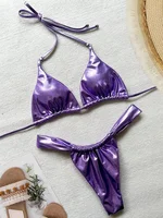 PU Pleated Ruched Bikinis Mini Micro Thong Bikini Women Swimwear Female Swimsuit Two-pieces Bikini Set Halter Bathing Suit Swim