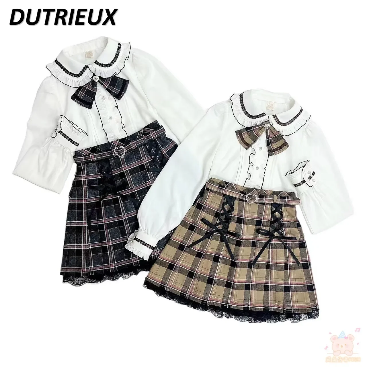 Japanese Rhinestone Plaid British Style Retro Uniform JK Shirt Top Student Plaid Skirt Set Spring and Autumn New Skirts Outfit