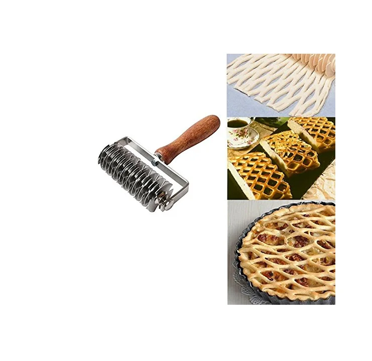 Stainless Steel Dough Lattice Top Cookie Pie Pizza Bread Pastry Crust Roller Cutter,Wood Handle Pizza Roller Knife Tool