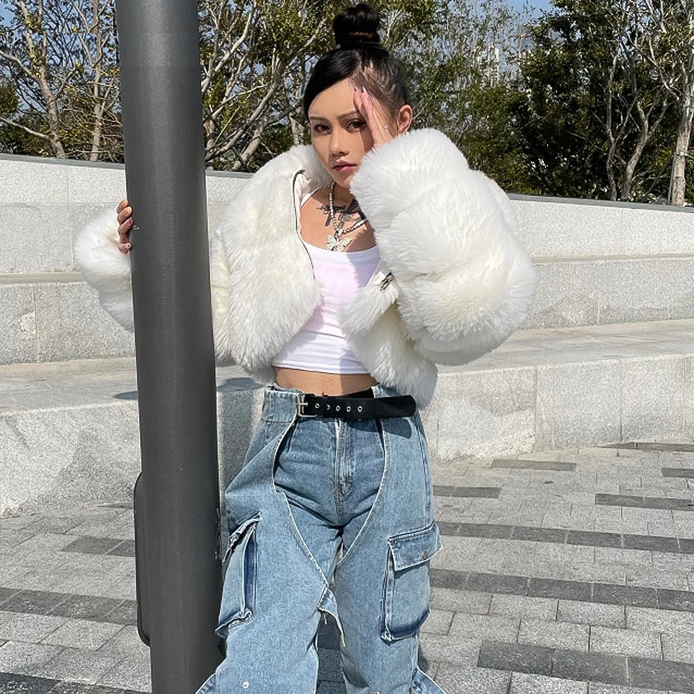 EINYOO Winter Women's Fashion Long Sleeve Hooded Spliced Faux Fur Coats Elegant Girl's Prom Party Sexy Vestidos Traf Y2K Zevity