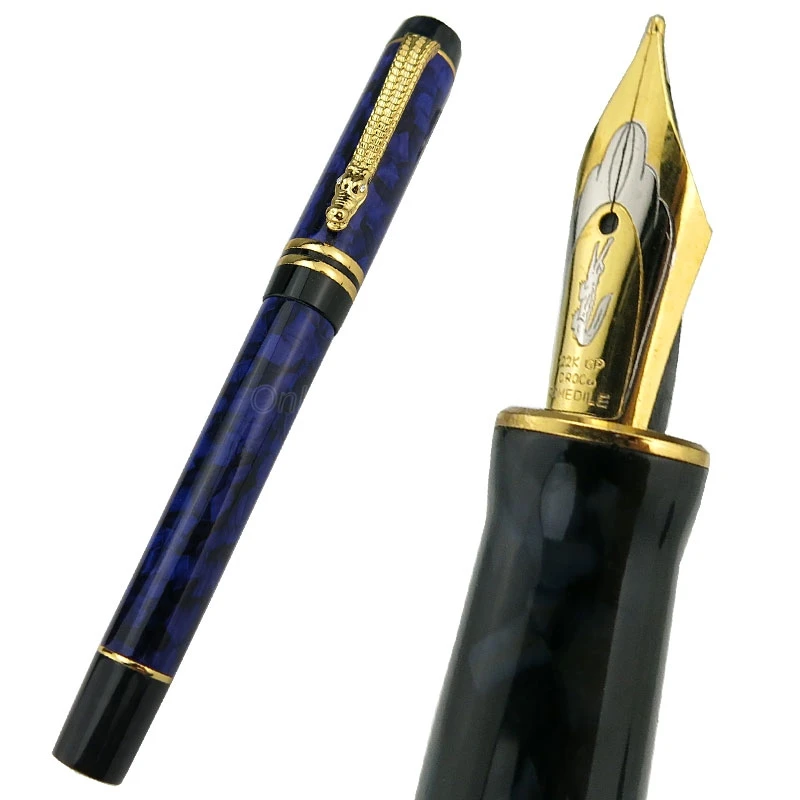 Crocodile Resin Barrel Purple Marble Medium Nib 0.7mm Fountain Pen Gold Trim Crocodile Clip Office School Writing Gift Pen