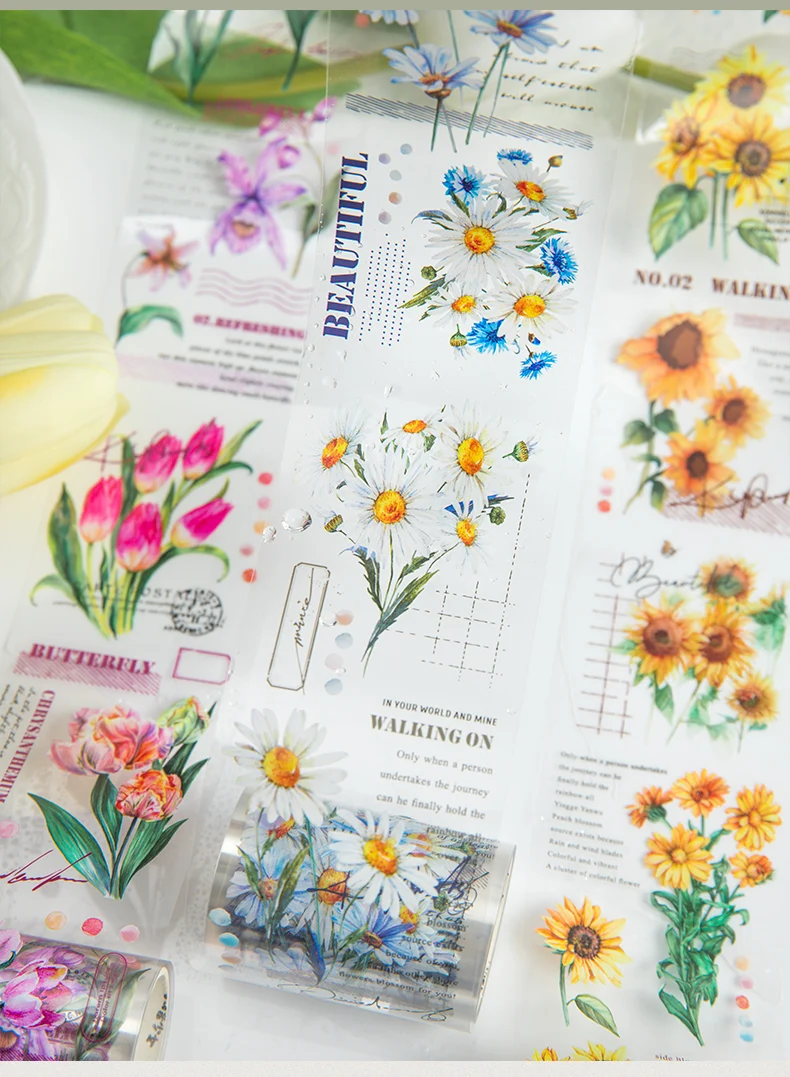 2m/roll Junk Journal Collage Material Stickers Creative Text Plants Flowers PET Masking Tape Scrapbook DIY Supplies Stickers