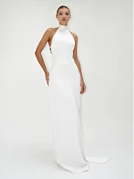 Elegant Solid Ribbon Women Halter Dress Off Shoulder Pearl Chain Backless Slim Female Maxi Dresses Wedding Gowns Chic Lady Robe - Image 2