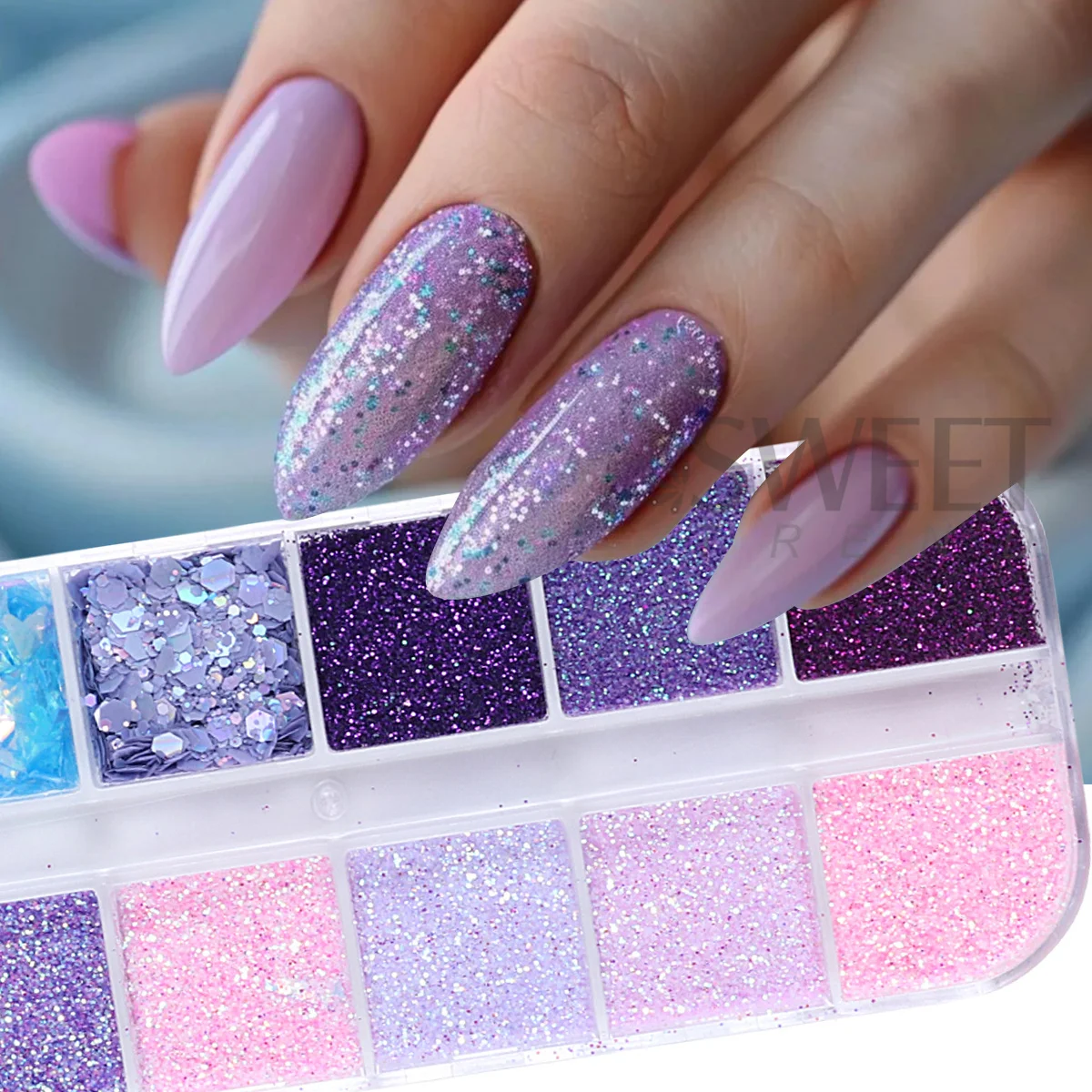 12 Grids Purple Pink Series Nail Sparkly Glitter Holographic Sugar Hexagon Broken Sequins Chrome Pigment Nails Accessories Flash