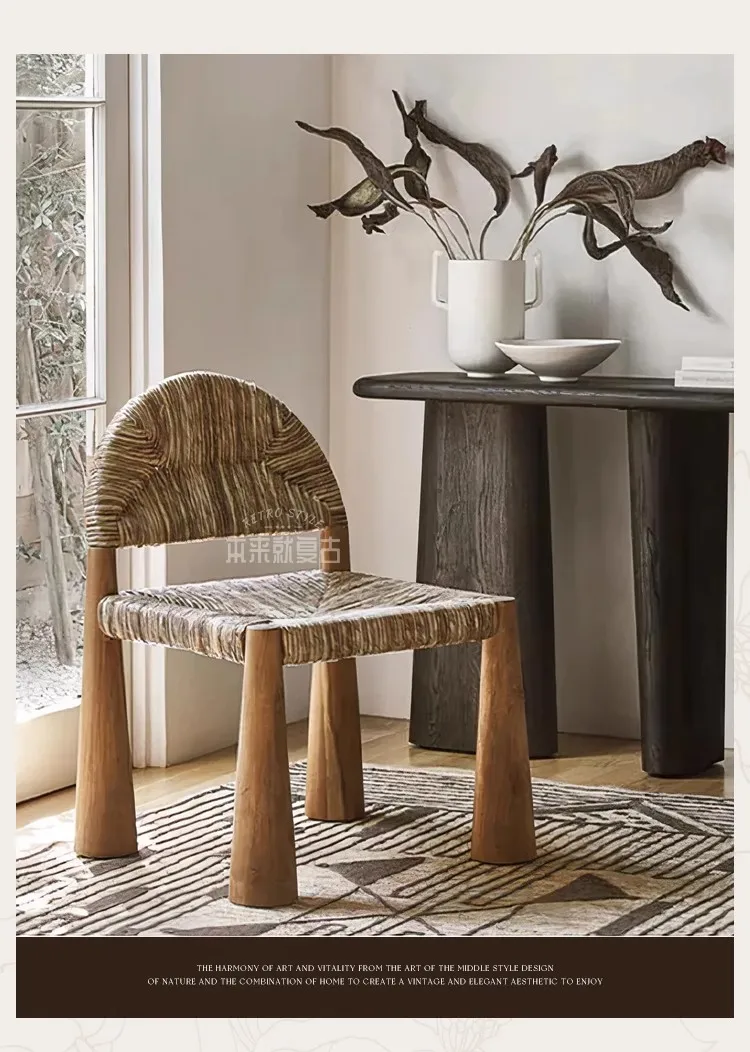 Description Picture 4 of itemLight Luxury Retro Style Hand Knitting Living Room Chair Creative Home Art Ornament Children's Dining Chair Ash Wood Low Stool