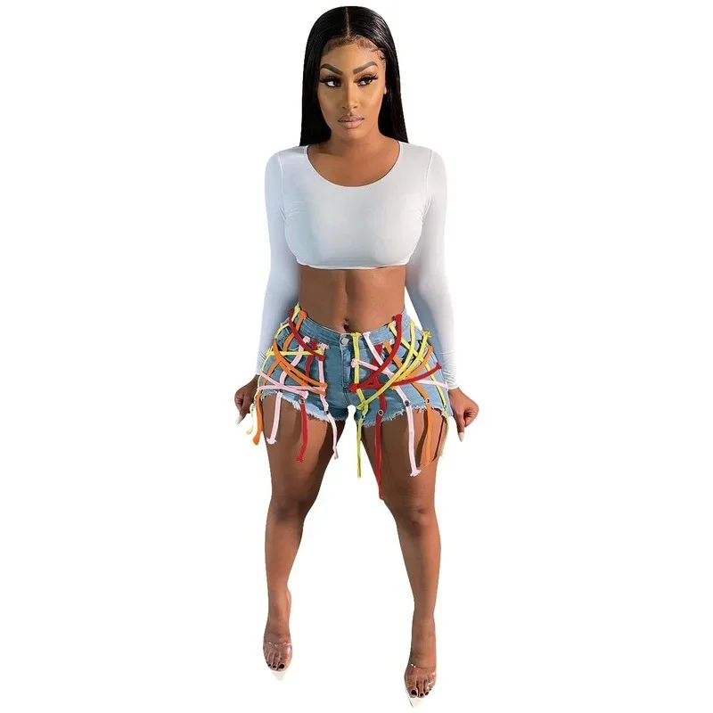 Indie Fashion Denim Shorts Summer Hot Shorts Zipper Hollow Out Bandage String Tassels High Waist Casual Jeans Streetwear 