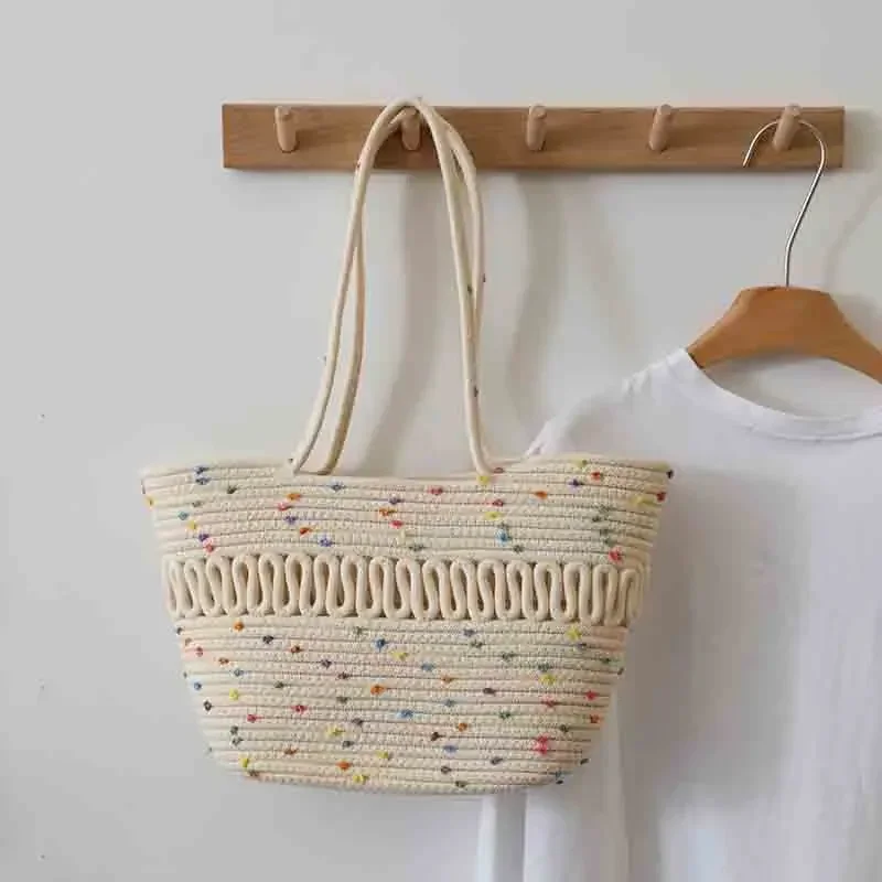 Single Shoulder Bag Hollowed Out Cotton Thread Woven Bag New Summer High-capacity French Grass Woven Bag Seaside Vacation Beach