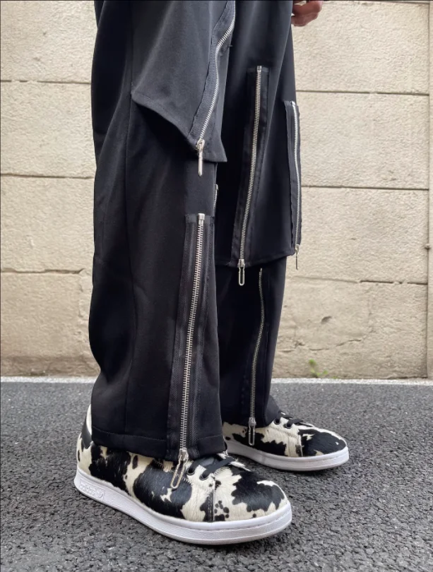 S-4XL!!2023 youth popular loose casual solid color youth black pants non-slim-fit men's pants trend 2 layers multi-zipper