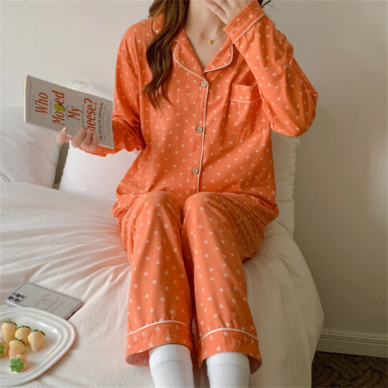Spring Autumn Women's Thin Pajamas Lapel Long Sleeve Cardigan Pants Loose Casual Home Clothing Set Girls Sweet Printed Sleepwear