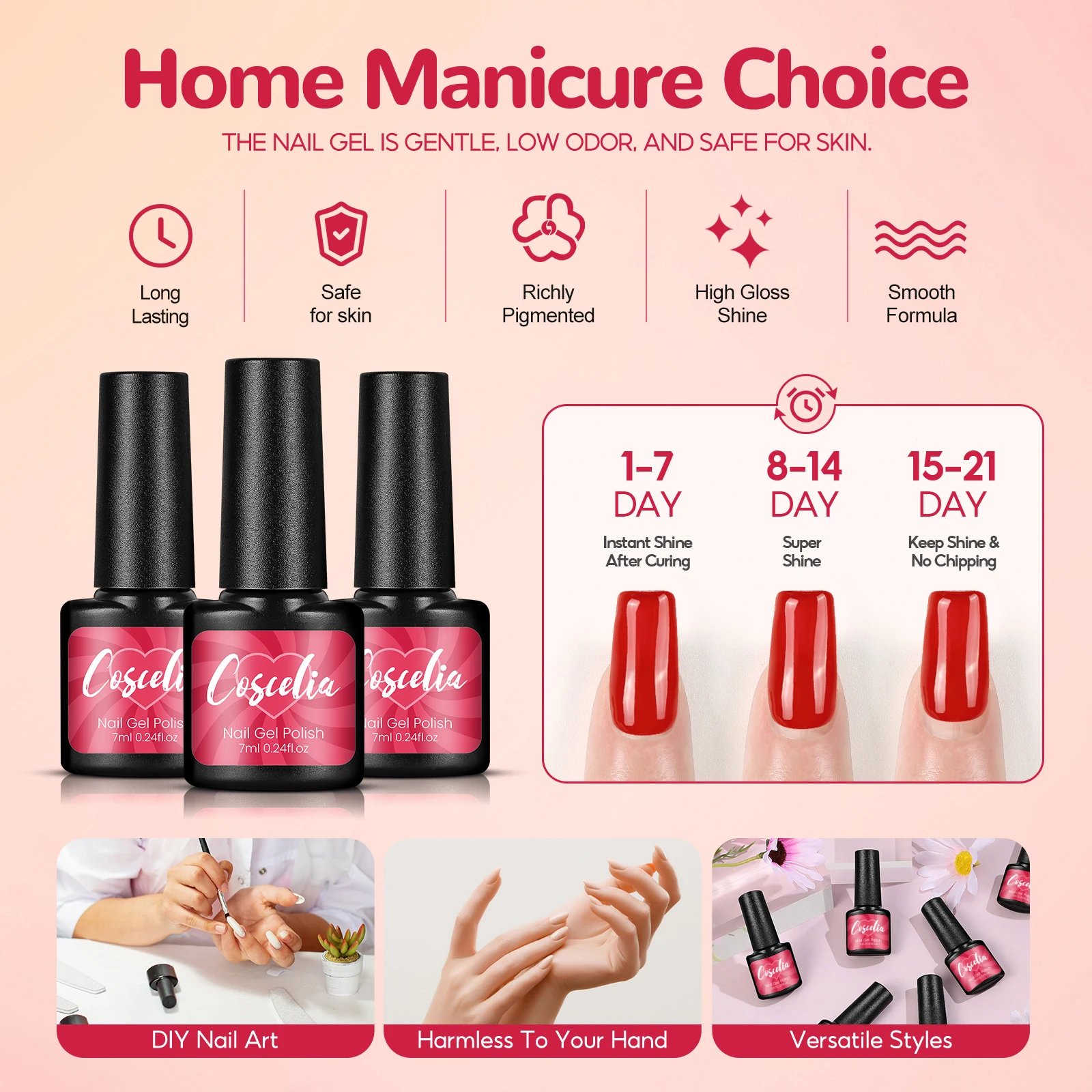 COSCELIA 6 Colors Nail Gel Polish Set with Nail Lamp Base Top Coat Rose Cuticle Oil and Nail Manicure Tools for Beginner 4