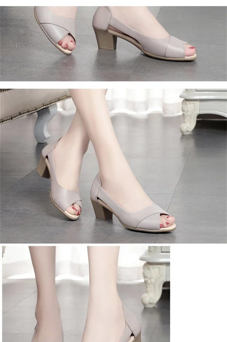 closed toe sandals Summer Leather Women Shoes Comfortable Ladies Mid Heel Sandals Hollow Peep Toe Square Heel Sandals Woman Footwear women's sandals with straps