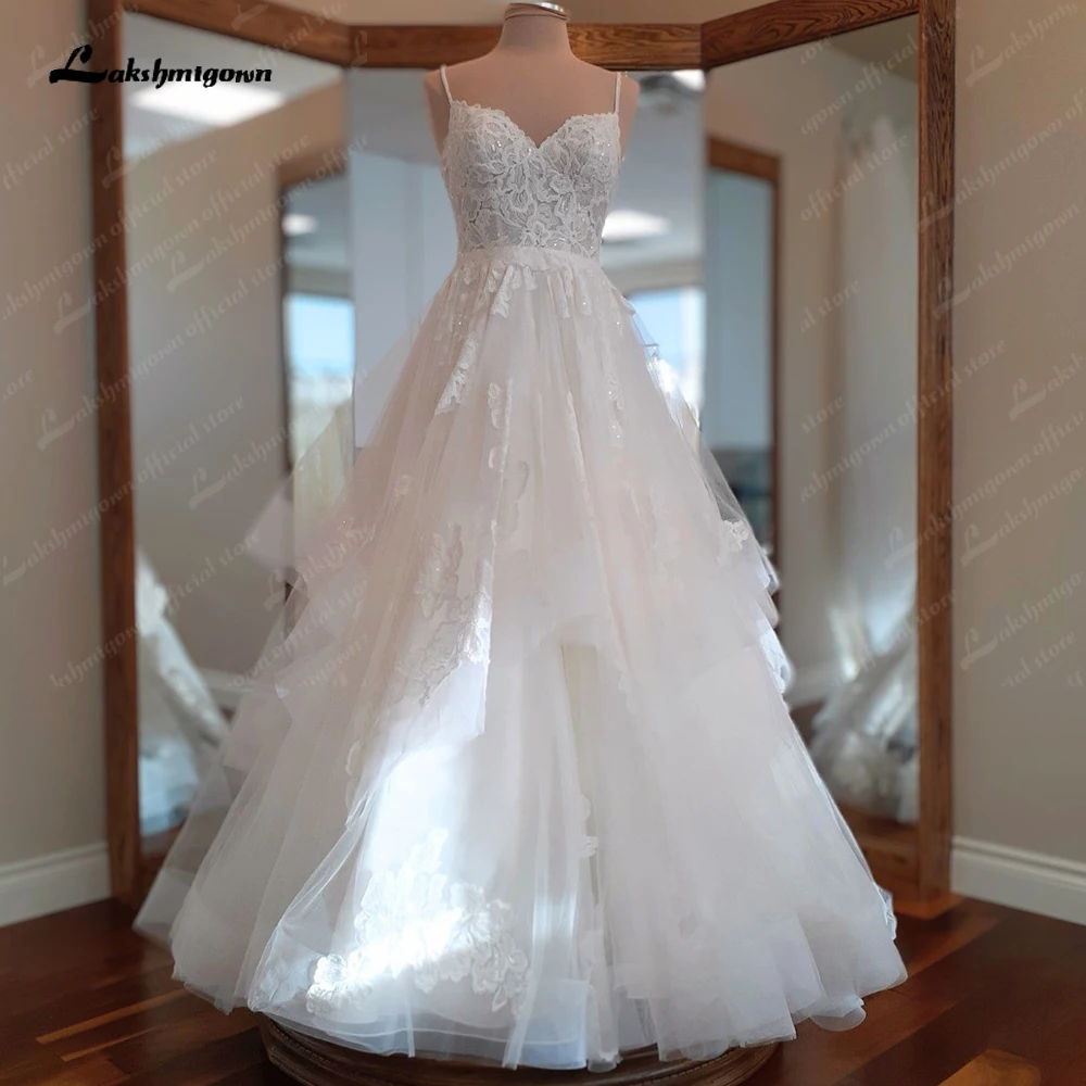 Lakshmigown Tulle Ruffles Wedding Dresses Ball Gown Princess Appliques Sleeveless Floor Length Spaghetti Straps Backless V-Neck wedding dresses