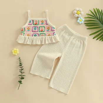 Adorable Infant Girl Floral Print Sleeveless Top and Wide-Leg Pants Set with Ruffled Straps for Summer Outfits 1