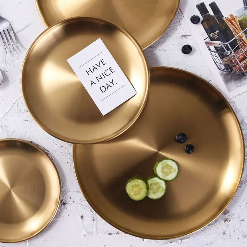 Golden Stainless Steel Storage Tray Luxurious Brass Gold Round Plate Metal Fruit Plate Dessert Snack Jewelry Display Tray storage tray jewelry storage tray
