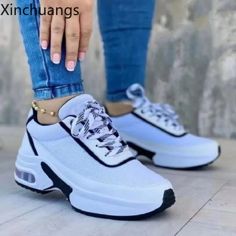 Women Breathable Mesh Soft Vulcanize Shoes Lace Up Wedge Platform Sneakers