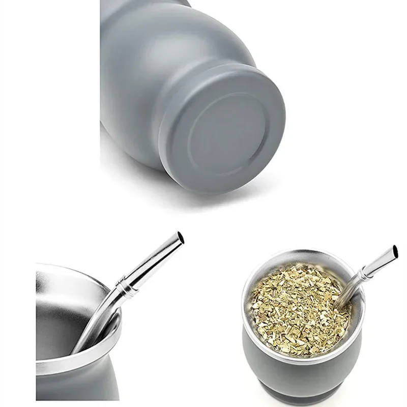 Yerba Mate Gourd Double Stainless Steel Tea Cup Set 3Sets 230ML with Spoon and Brush, Insulated Tea Cup, Tea Cup, Yerba Mate Cup