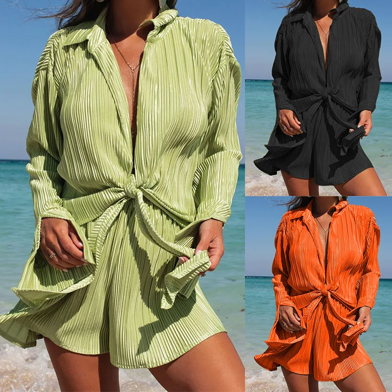 

Women’s Casual 2 Piece Short Sets Summer Fall Outfits Fashion Long Sleeve Knot Font Shirt + Shorts Set Beachwear Loungewear