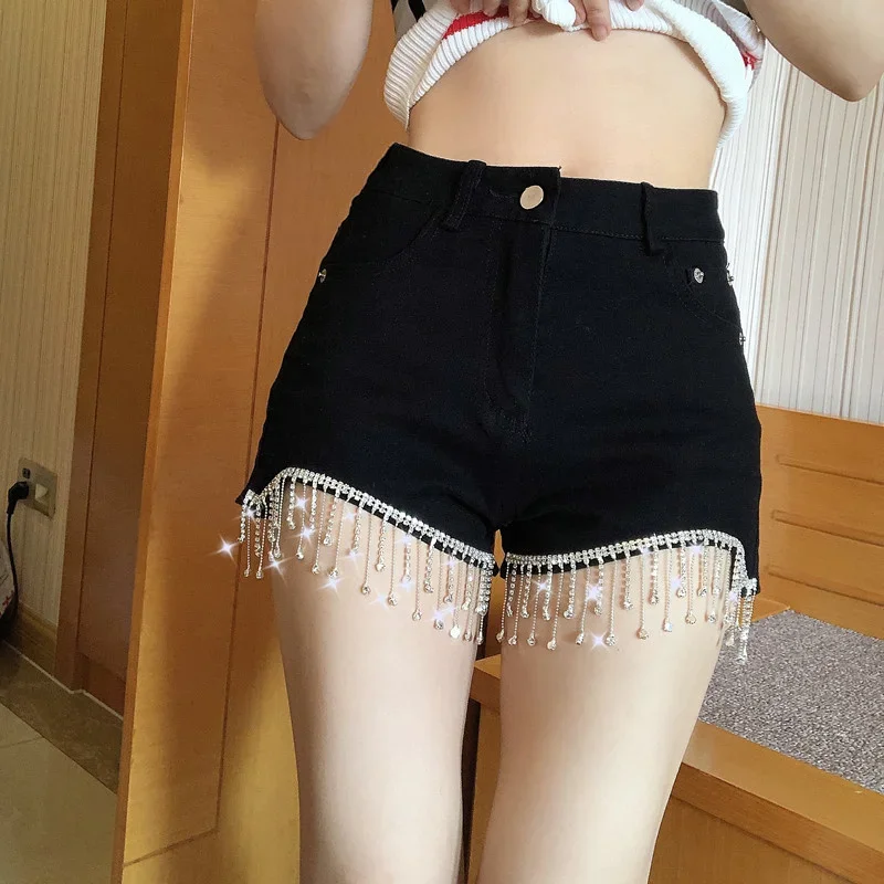 

High 2023 Summer Waist Denim Shorts Women's Trendy Slim Design Fashion Girl Drill Chain Tassel Jeans Short Hot Pants