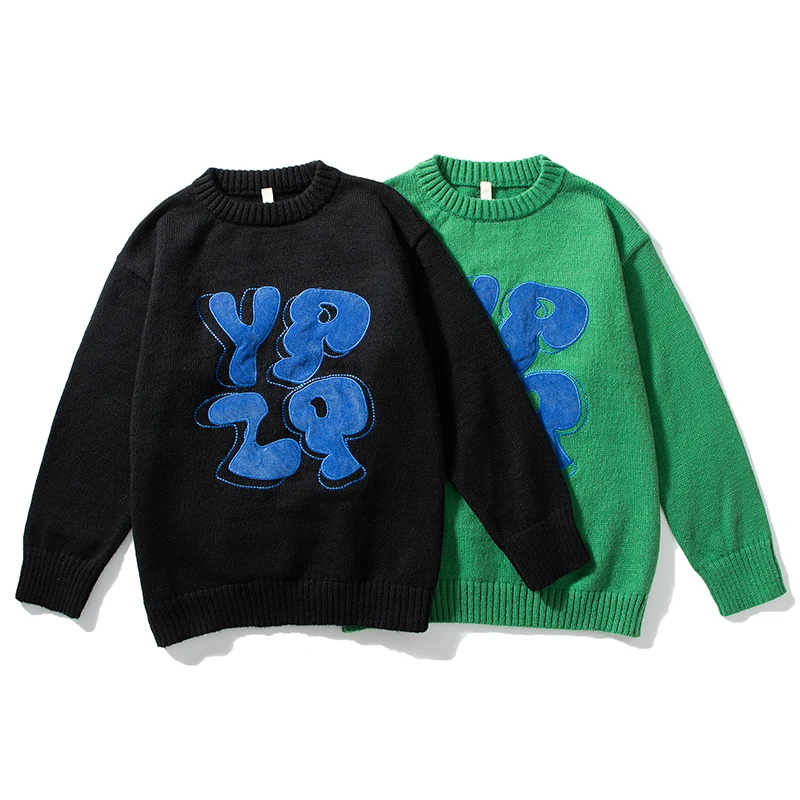 Embroidery Knitted Pullover Jumper Streetwear Men's Clothing Warm Sweaters Casual Sweaters Winter Hip Hop Knit Sweater for Men