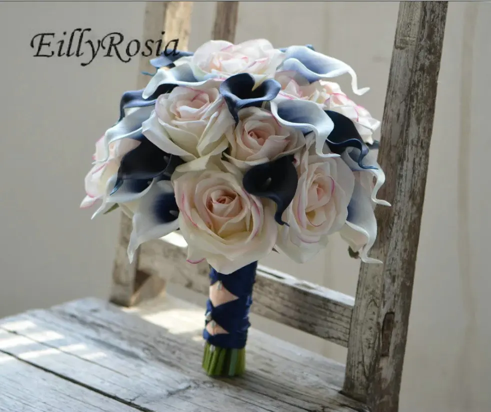 EillyRosia Pink Real Touch Roses Solid Navy Blue Calla Lily Bridal Bouquet Waterfall Picasso Cascade Bride Flowers