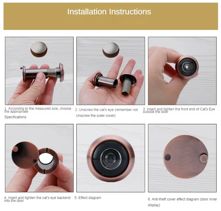 Pure Copper Anti-theft Door Cat Eye door peephole Door Mirror HD Glass Lens Wide Angle Anti-pry Hotel Copper Material Sheep Eye