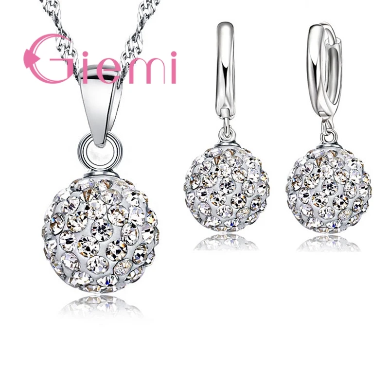 Jewelry Set 925 Sterling Silver Austrian Crystal Ball Lever Back Earring Pendant Necklace for Woman