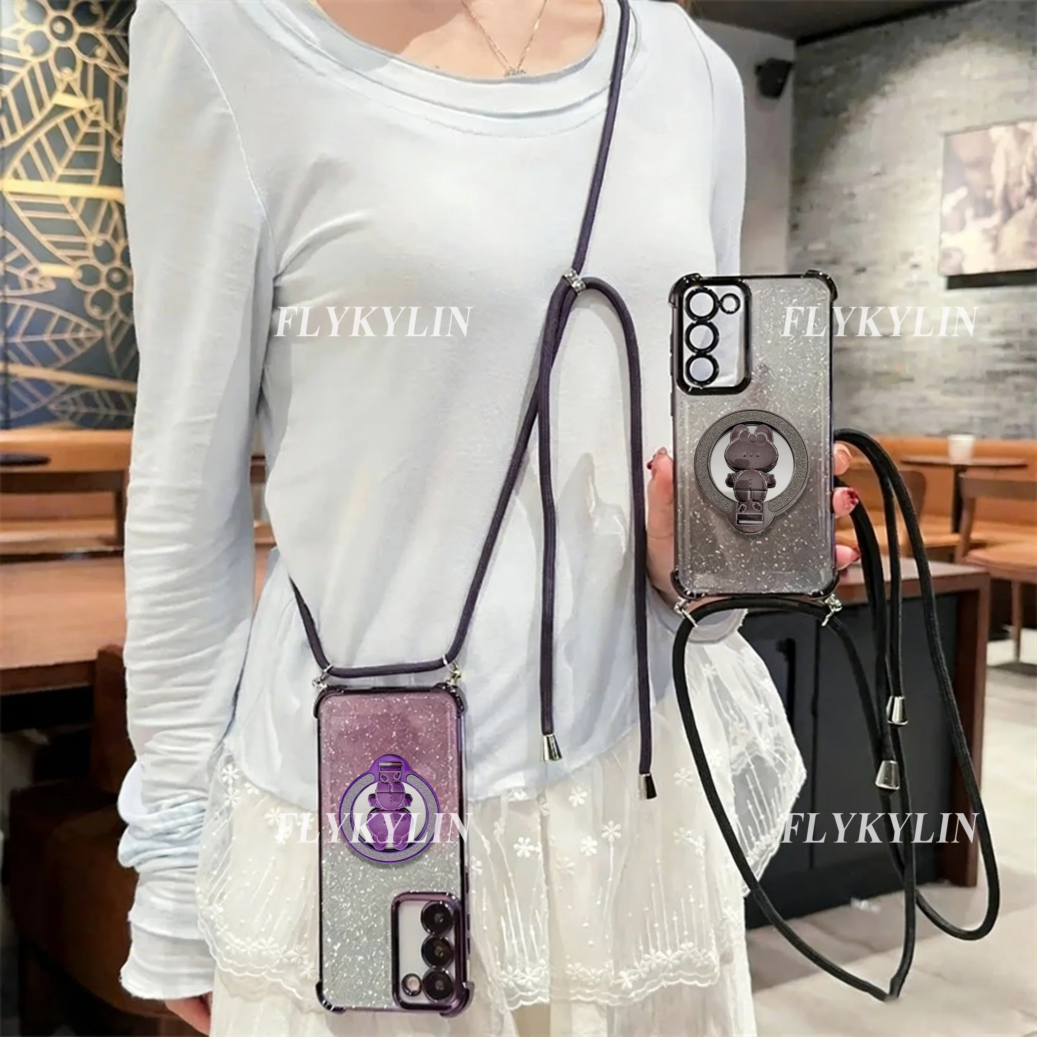 Rabbit Mirror Holder with Long Back Rope & Glitter Paper Soft Shell Case