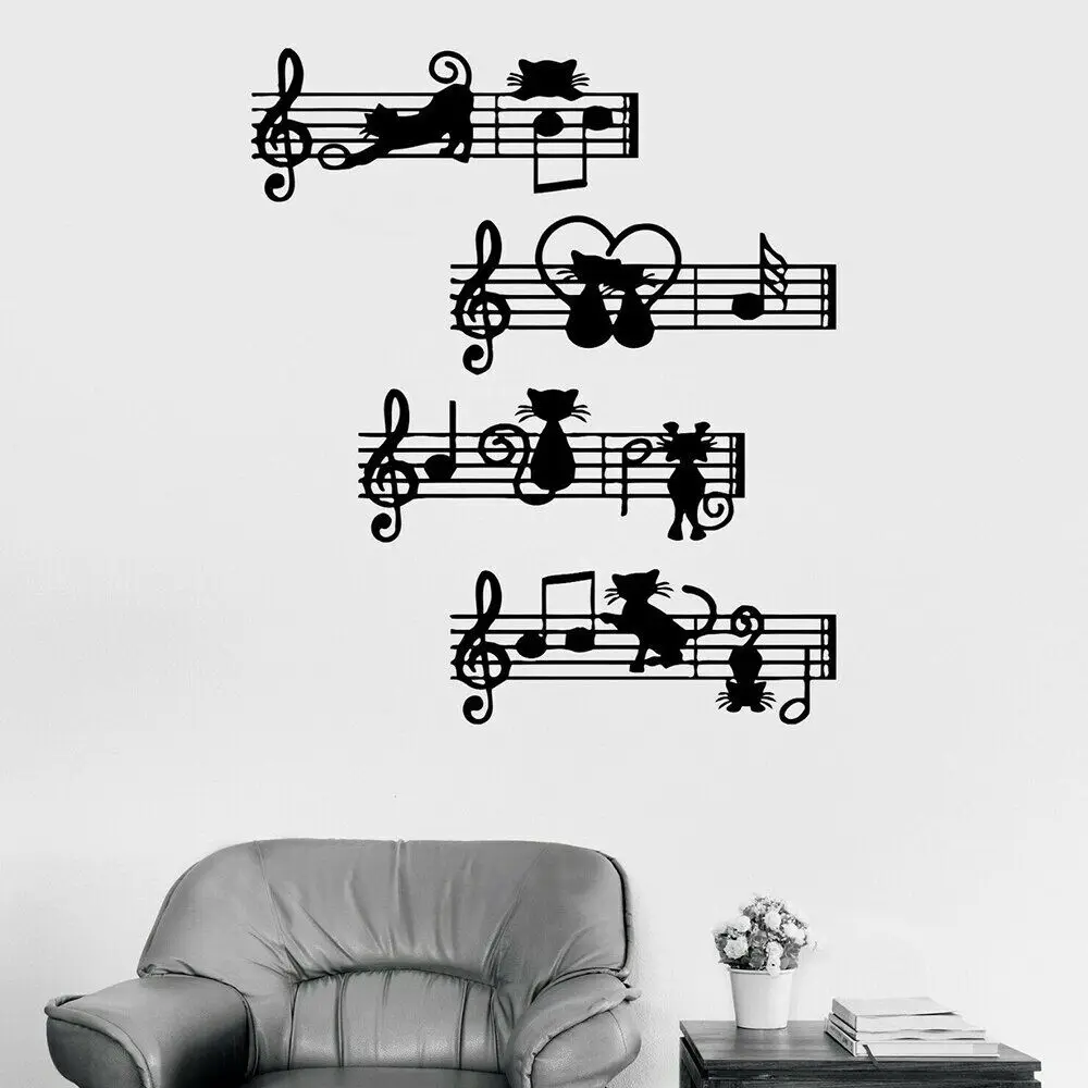 Sheet Music Wall Decal Musical Notes Kittens Melody Cats Cartoon Door Window Vinyl Stickers Living Room Nursery Home Decor Z820