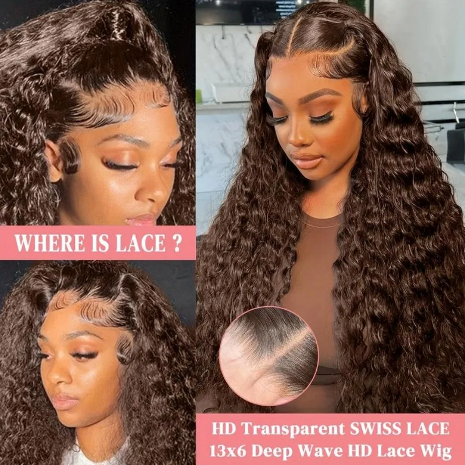 Curly Chocolate Brown Human Hair Wigs 100% 13X6 Hd Lace Frontal Wig Deep Water Wave Lace Front Wigs Preplucked Brazilian 30 Inch