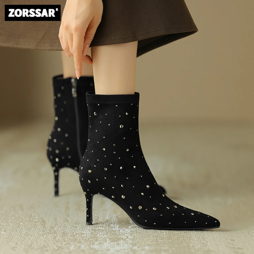 

Woman Stiletto Boots Nubuck Leather Pointed Toe Ankle Boots Fashion Crystal Womens Cow Suede High Heel Short Boots Party Shoes