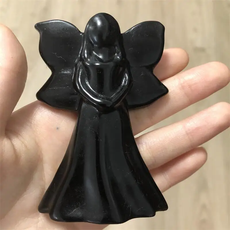 

Natural Obsidian Angel Fairy Gemstone Carving Crystal Reiki Healing Crafts Home Room Decoration Gifts 1pcs
