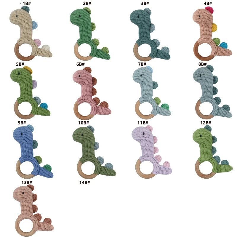 

Baby Wooden Teether Natural Teething Grasping Mobile Pram Crib Ring Dinosaur Crochet Rattle Soother Nursing