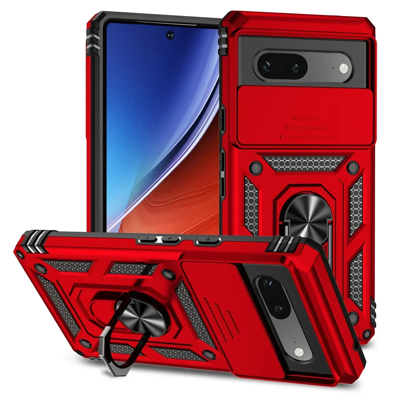 Enhanced Ring Holder Shockproof Armor Case with Slide Lens Protection