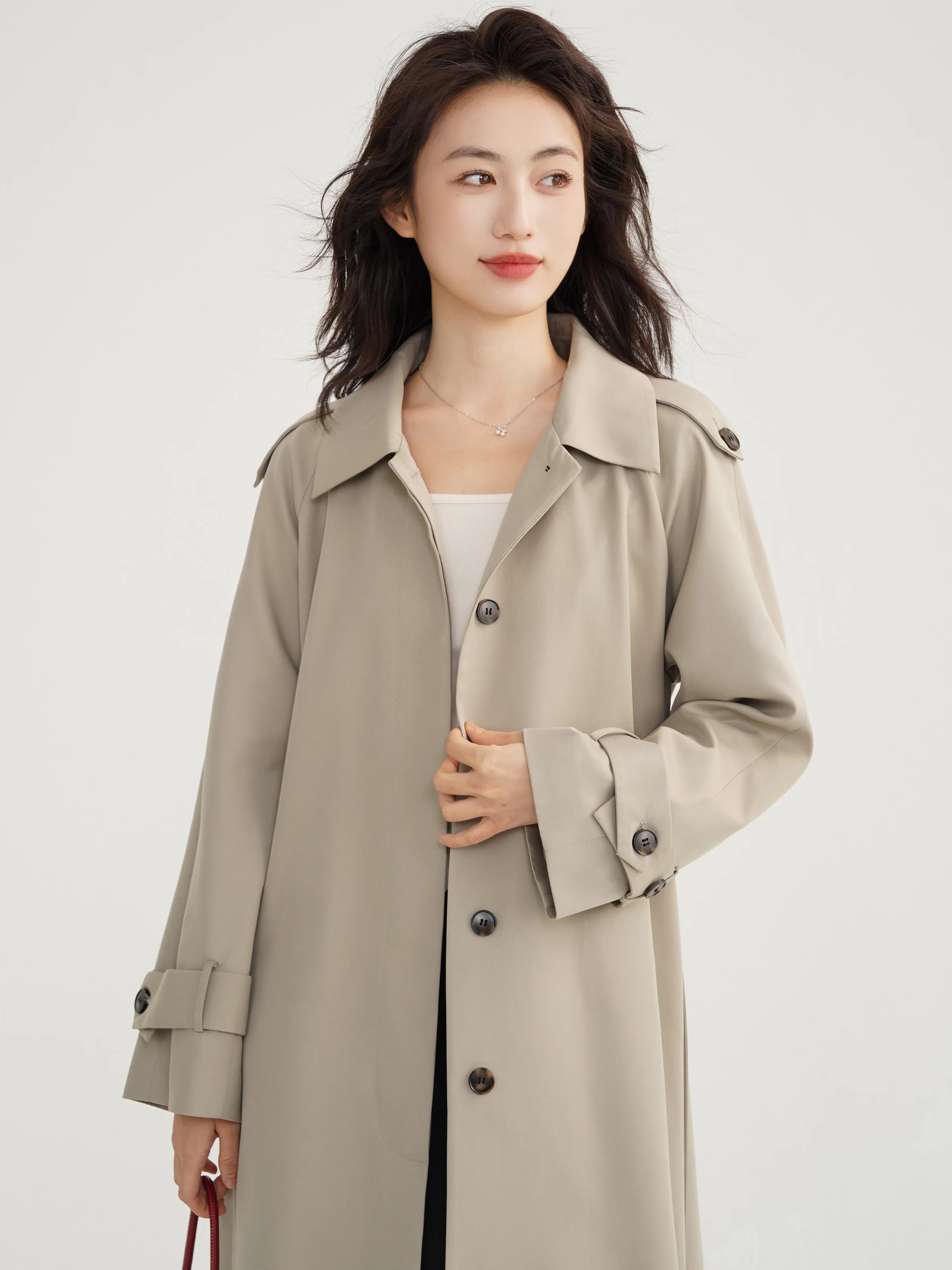 Gray Raglan Sleeve Trench Coat Women Autumn Loose Fit