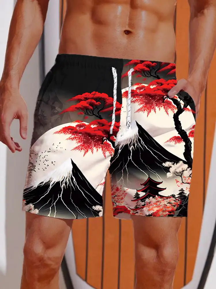 2024 Summer 3D Printed Ukiyo-E Fierce Dragon Printing Shorts Men's Board Shorts Swim Trunks Drawstring Breathable Short 3