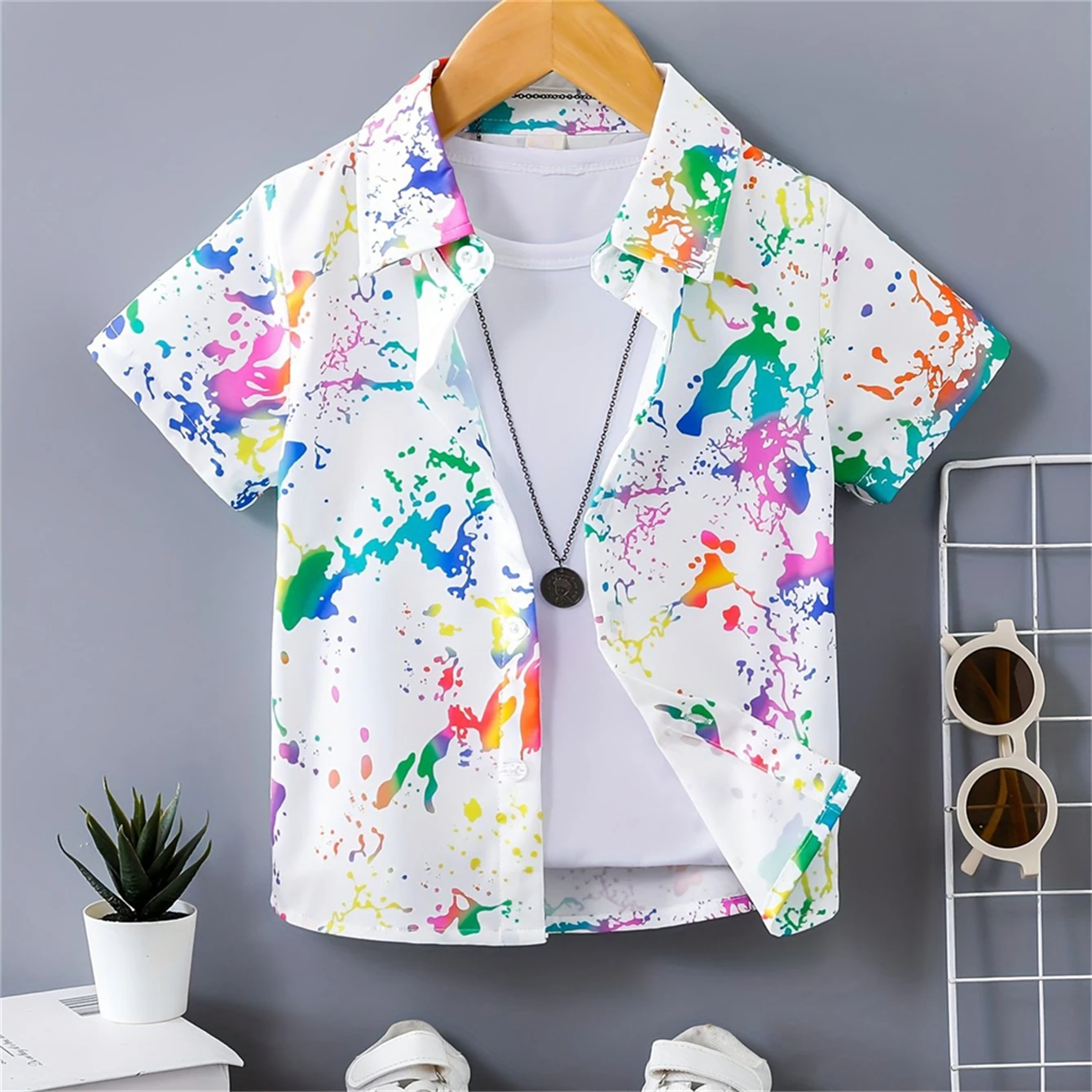 Colorful Splash Ink Print Boys Creative Shirt Casual Short Sleeve Lapel Shirts Tops Children Boys Clothes for Summer Outdoor Tee