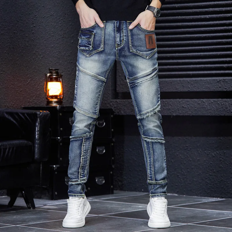 

Trendy Brand New Men'S Jeans Fashionable Personalized Retro Embroidery Splicing High-End Nostalgic Trend Straight Leg Denim Pant