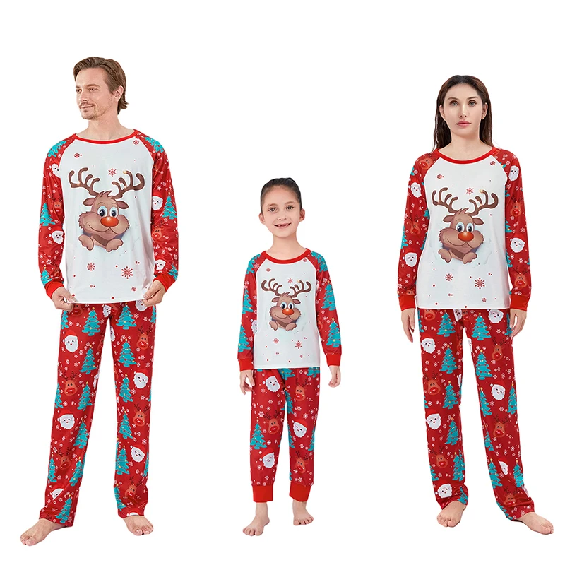 

Christmas Pajamas for Family Cute Deer Print Long Sleeve Raglan Tops + Trousers 2 Pieces Set Autumn Winter Sleepwear