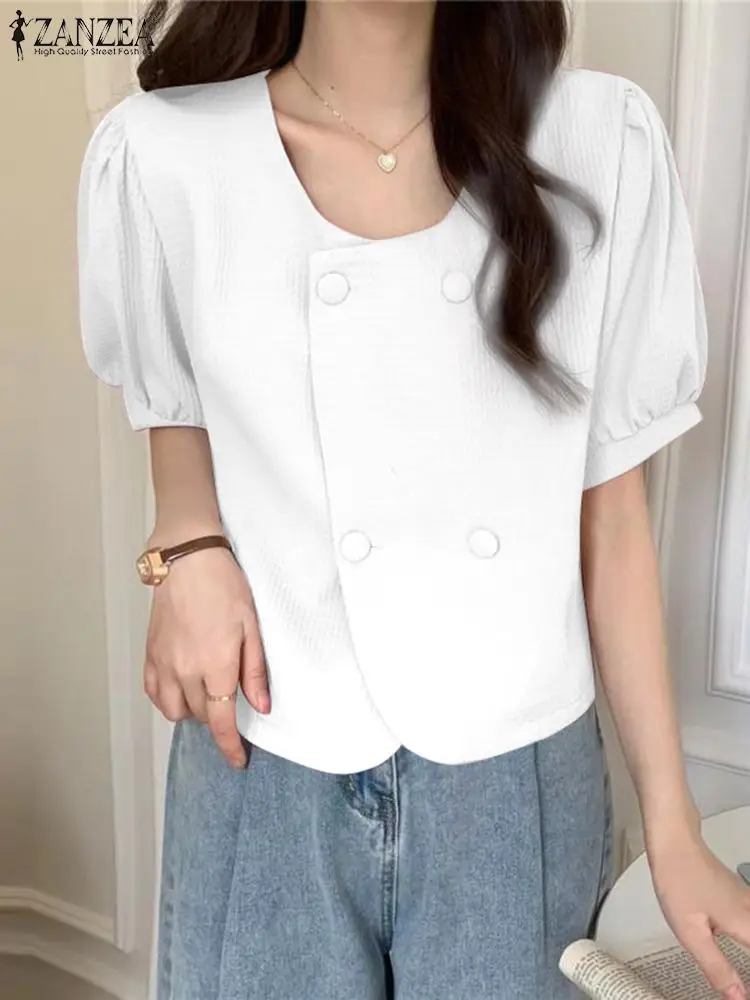 

ZANZEA Women Summer Elegant Blouse Fashion O Neck Short Sleeve Shirt Casual Buttons Down Work Tops Solid Party Blusas Chemise