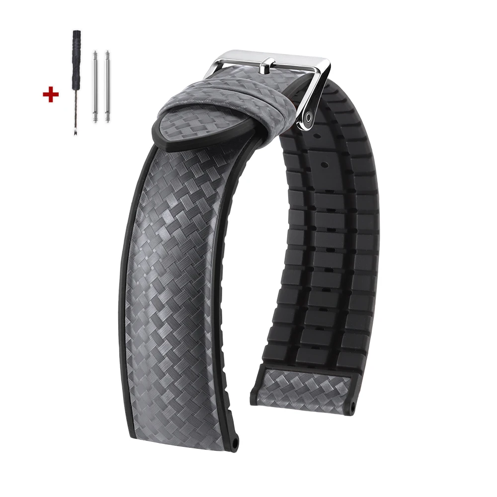 Carbon Fiber Hybrid Waterproof Silicone Watch Strap - Grey, Orange, Blue