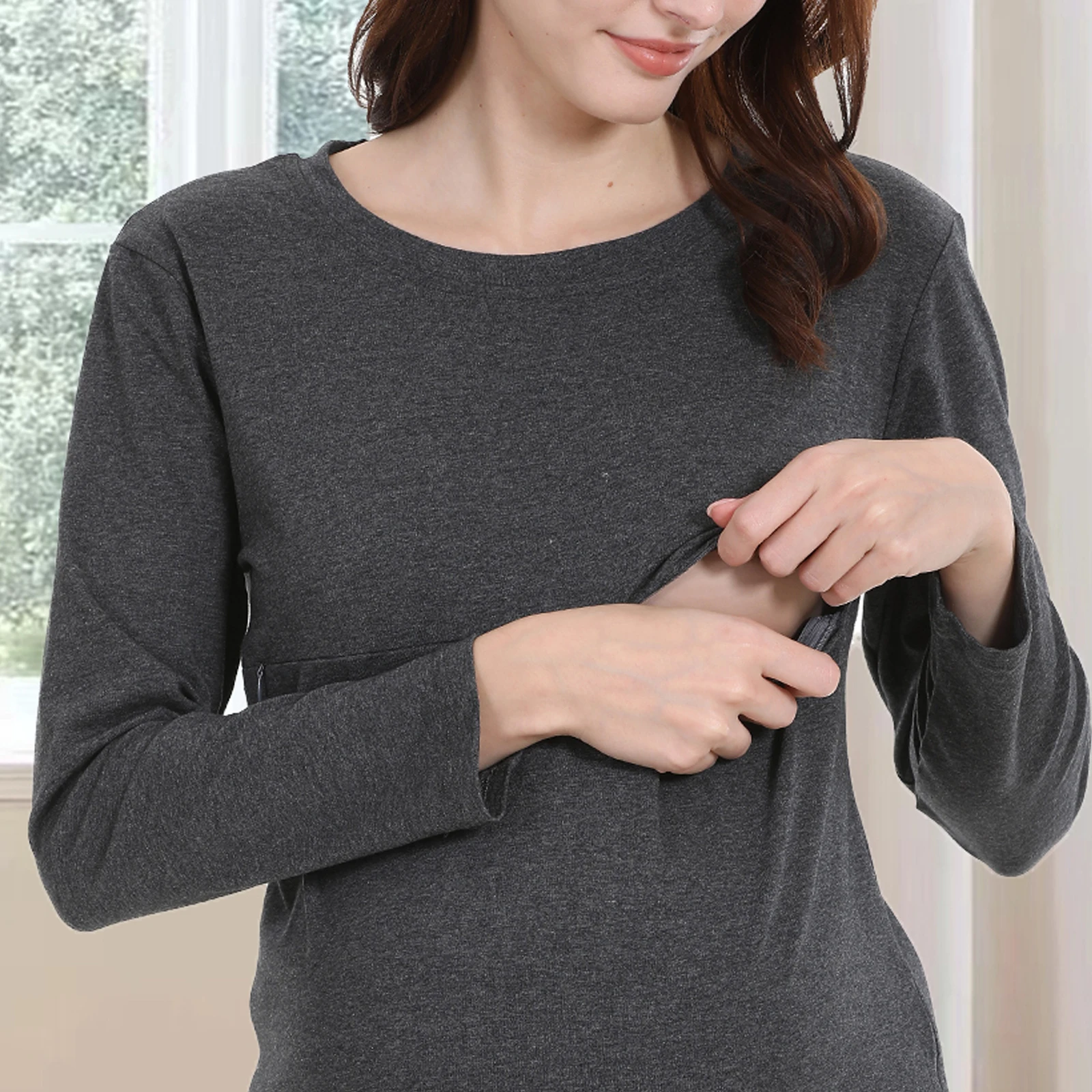 2025 New Maternity Clothes Tee Crew Neck Long Sleeve Breastfeeding Clothes Tops Horizontal Zipper Big Size Nursing T Shirts 4